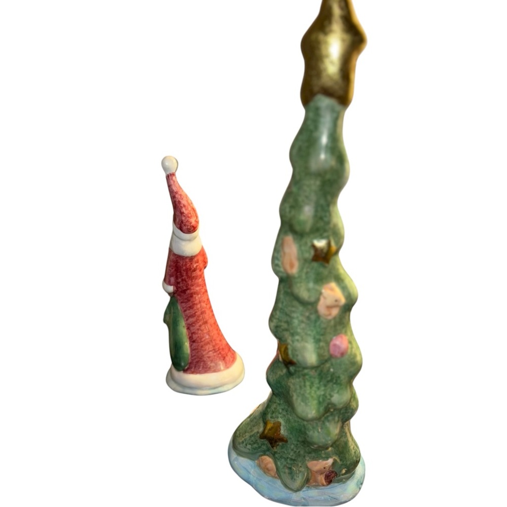 Vintage Ceramic Shiny Santa and Christmas Tree Figurines Whimsical Holiday Decor - Picture 5 of 8